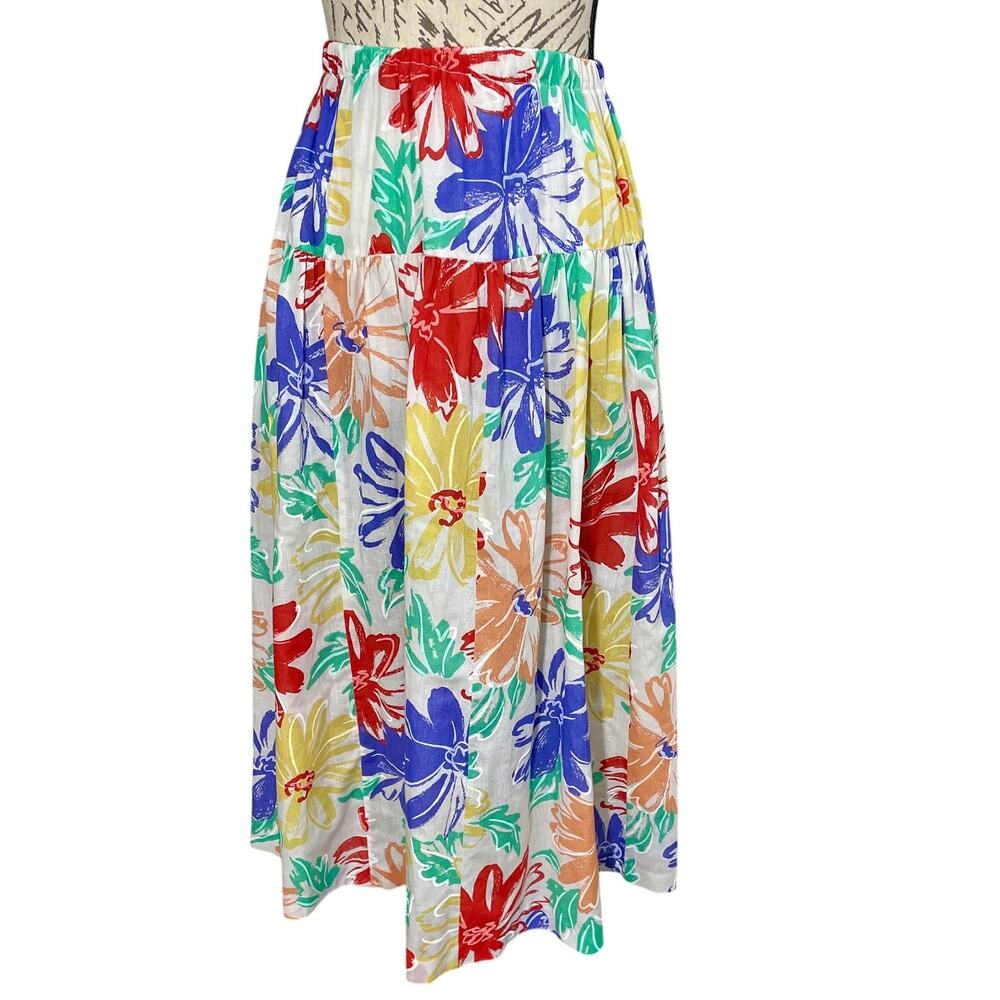 Vintage 90s Women's Colorful Floral Patterned Tiered Cotton Handmade Midi Skirt